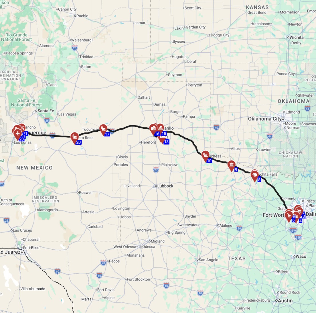 Map for טיול קרוואן בארהב מדאלאס לאוסטין כולל מסלול מתוכנן מלא